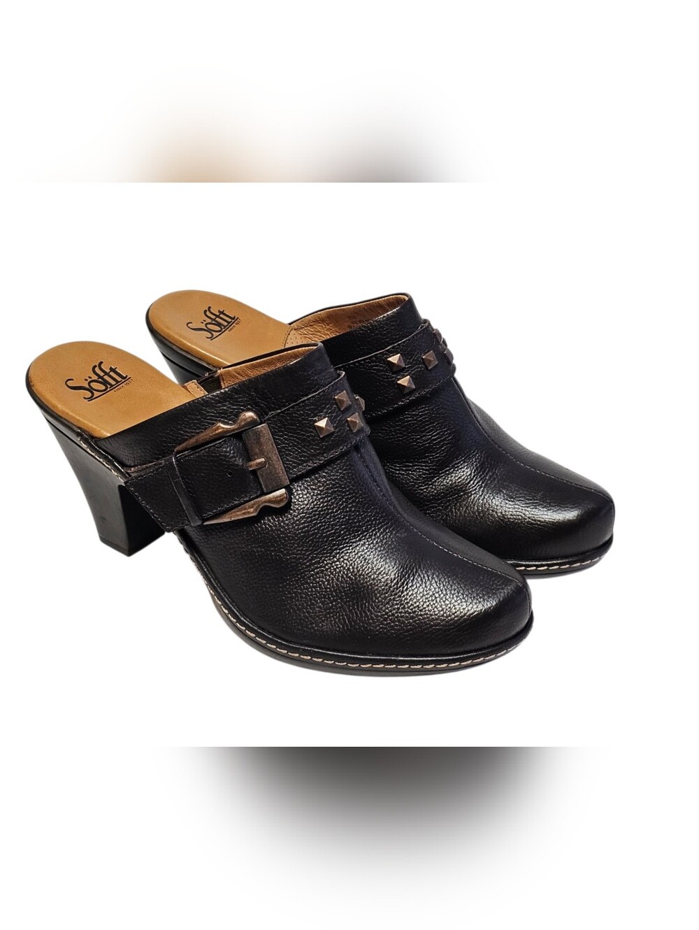 Sofft Brown Pebbled Leather Clog Mules Studded Buckle Heeled Shoes Women's 10